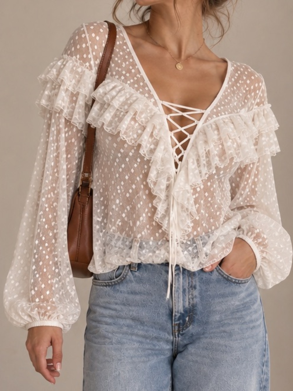 Y2K ASOS Sheer Swiss Dot Lace Up Coquette Balletcore Bodysuit 10